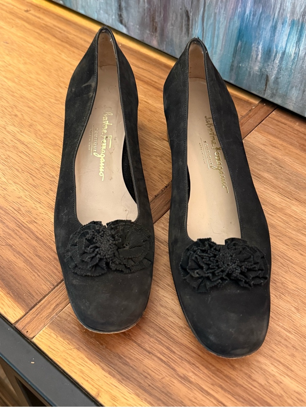 Salvatore Ferragamo Black Suede Floral Embellishment Block Heels